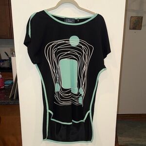 P Luca Milano Black and Mint Graphic High lo long tunic top with sheer accents S